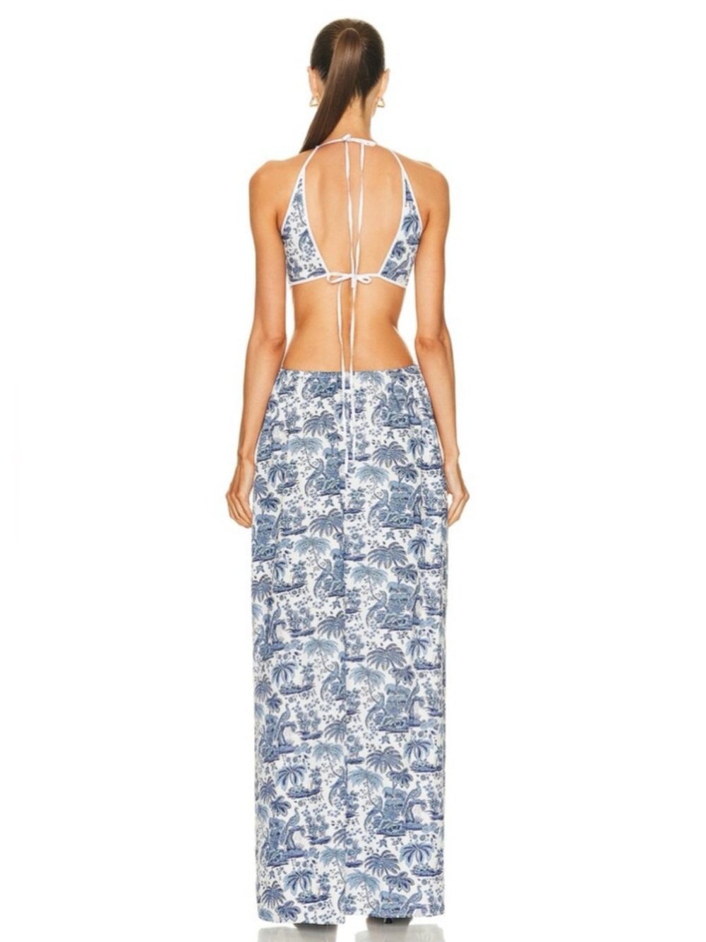 Staud Myla Halter Cutout Printed Cotton-Blend Poplin Maxi Dress in Blue Toile - Picture 3 of 13
